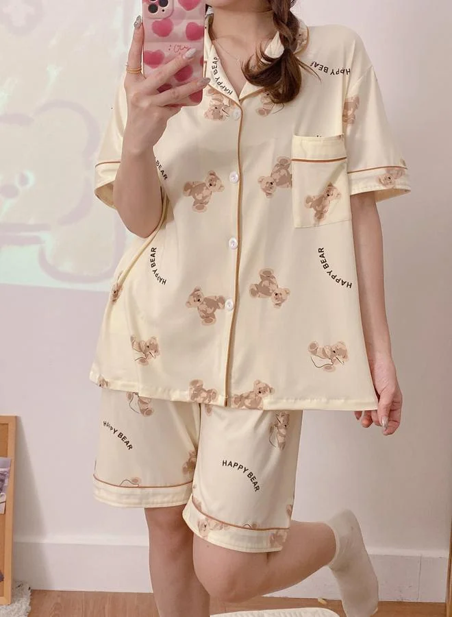 Take Two  Bear Print Short Sleeve Shirt and Shorts Pyjama Set for Women | Best Price UAE