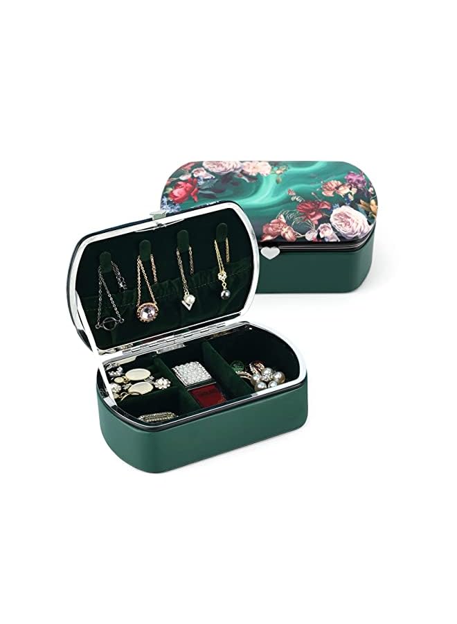 IAF Jewellery Box Organizer - Small Travel Jewellery Case for Rings, Earrings, Necklace, Bracelet, Watch, Hair Accessories, Floral Leather Jewelry Gift Box for Girls Women (Green, 5.6x3.5x1.9in) - Image 2