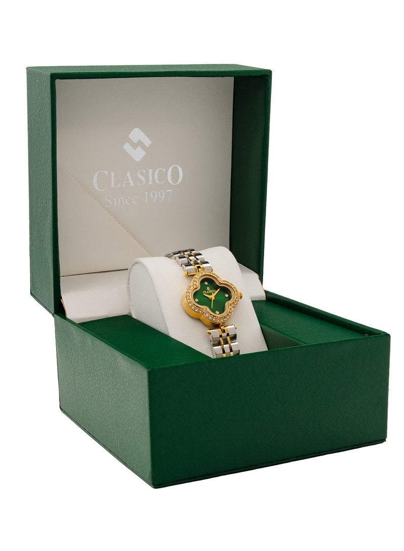 Clasico ساعة سوار ألماس الأنيقة بتصميم ورقة - سوار ثنائي اللون فضي وذهبي، ساعة عصرية للنساء ⏱️✨ - Image 4