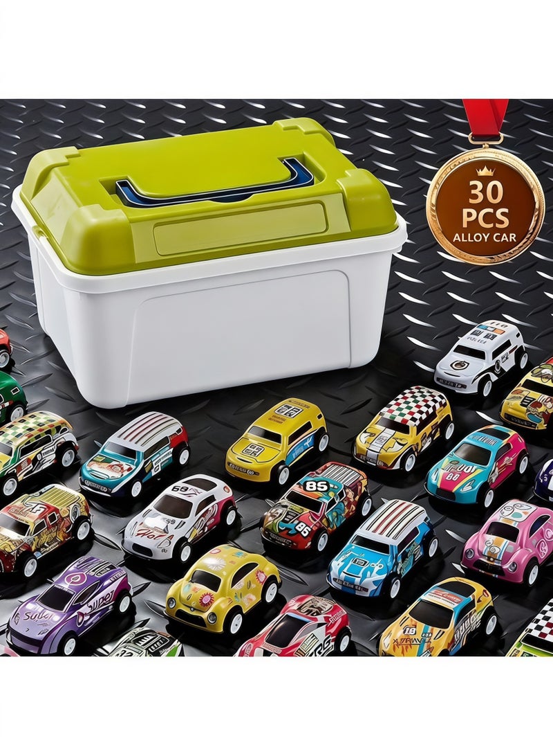 LIXADA Pull Back Cars with Storage Box, 30pcs Racing Cars, Colorful Toy Car with Different Patterns, Made of Aluminum Alloy, Suitable for Boys and Girls Age 3+ (Random Color) - Image 1