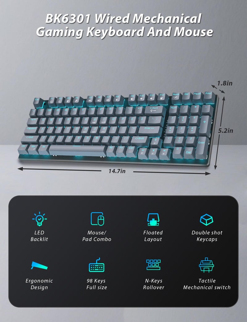 Taiahiro Mechanical Gaming Keyboard and Mouse, LED Backlit 98-Key Floating Keycap & 4 DPI RGB Gaming Mouse with Mouse Pad, Full Anti-Ghost Light Up Wired Computer Keyboards for MAC PC Gamer Accessories, Gray - Image 2