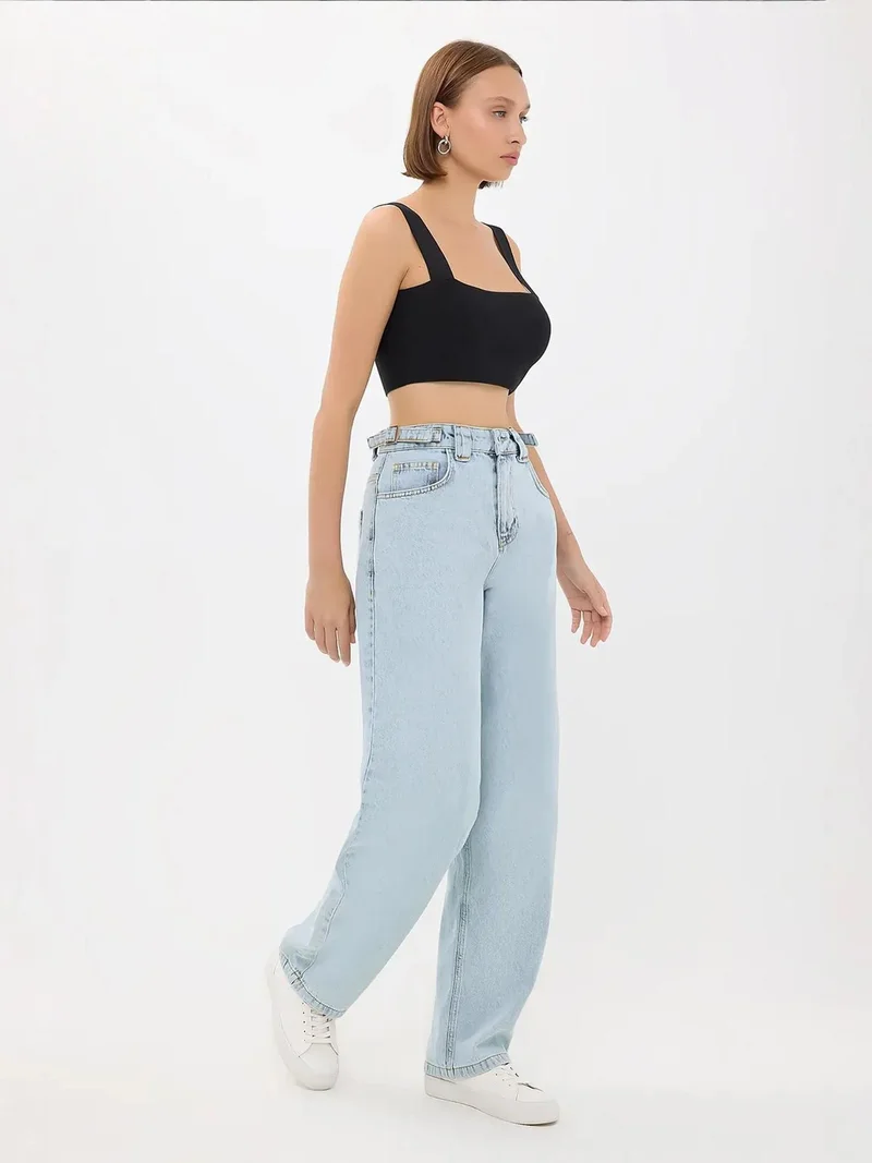High-Waist Mom Fit Jeans with Belt Detail