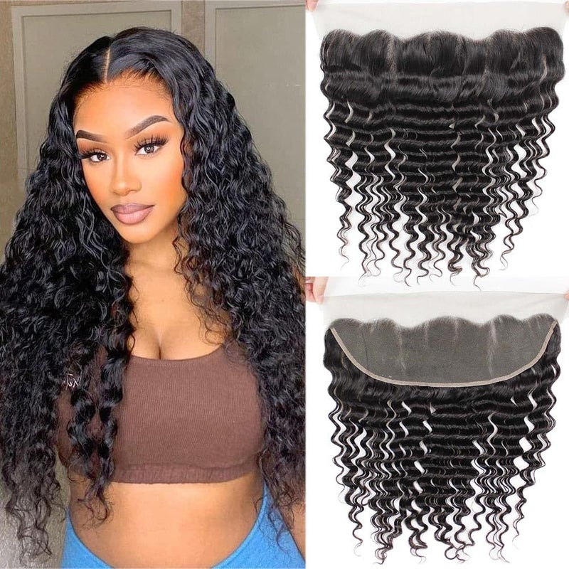 CHEEON 13x4 HD Human Hair Lace Frontal 16 Inch Deep Wave Pre Plucked with Baby Hair Frontal Closure Unprocessed Brazilian Virgin Human Hair Natural Black