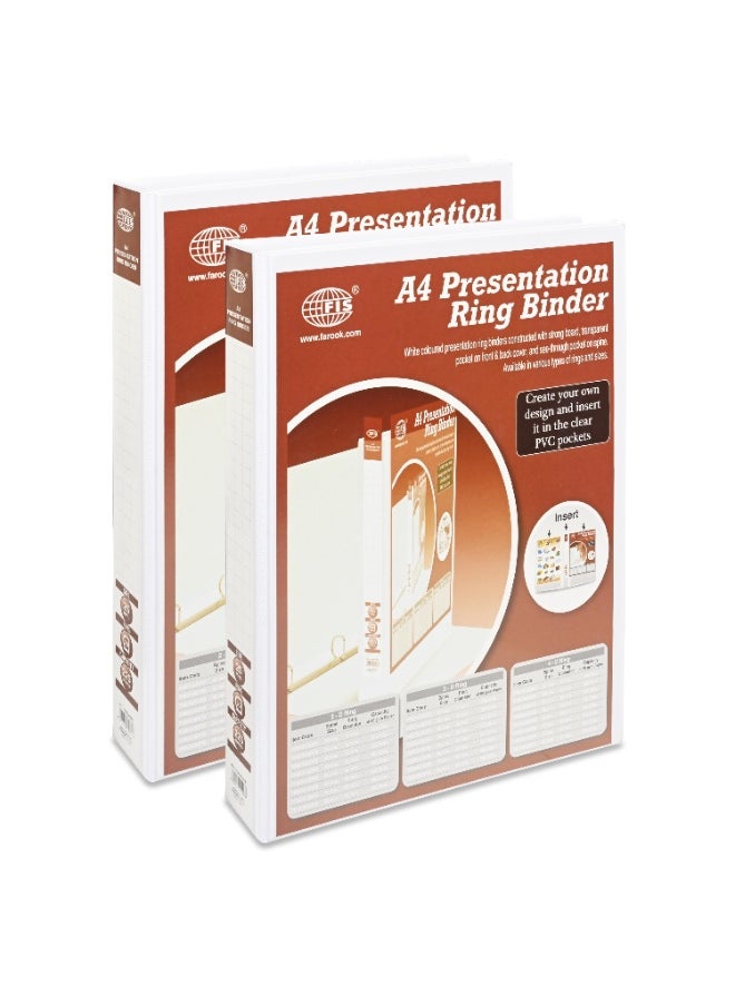 FIS Presentation Binder, A4 Size(210x297mm), 2[D]Ring Type, 20mm Ring Size, 1.50" Inches Spine with Clear PVC Pocket For Easy Insert Your Label Design, Packet of 2 Pieces, White Color-FSBD220DPB/2  - Image 1