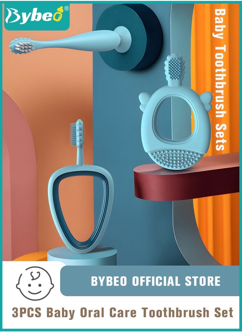 Bybeo 3 in 1 Baby Training Toothbrush Set - Infant to Toddler Oral Care Silicone Toothbrushs for Baby - Food Grade Silicone, Extra Soft Bristles, Perfect for 3+,6+,12+ Months  - Image 1