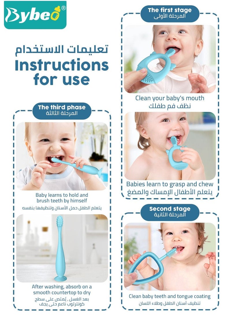 Bybeo 3 in 1 Baby Training Toothbrush Set - Infant to Toddler Oral Care Silicone Toothbrushs for Baby - Food Grade Silicone, Extra Soft Bristles, Perfect for 3+,6+,12+ Months  - Image 2