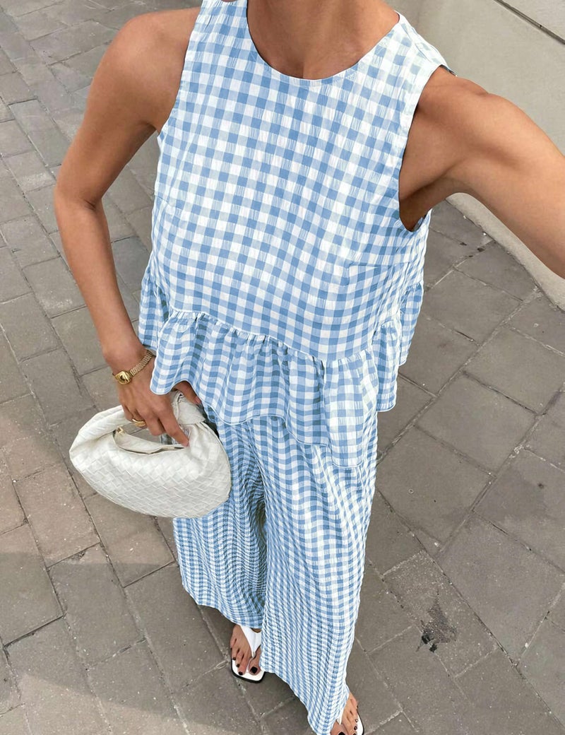 Tanming Women's 2 Piece Set Outfits Gingham Plaid Tank Tops Wide Leg Pants Matching Lounge Sets (Blue-L) - Image 3