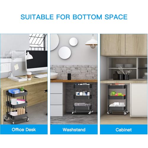 Smart Saver 3Tier Utility Rolling Cart Storage Rack with Wooden Board,Metal Vegetable Fruit Storage Cart Trolley Kitchen Organizer Rolling Desk with Locking Wheels for Kitchen,Home,Bedroom- Black - Image 3