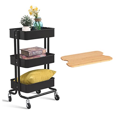 Smart Saver 3Tier Utility Rolling Cart Storage Rack with Wooden Board,Metal Vegetable Fruit Storage Cart Trolley Kitchen Organizer Rolling Desk with Locking Wheels for Kitchen,Home,Bedroom- Black - Image 1
