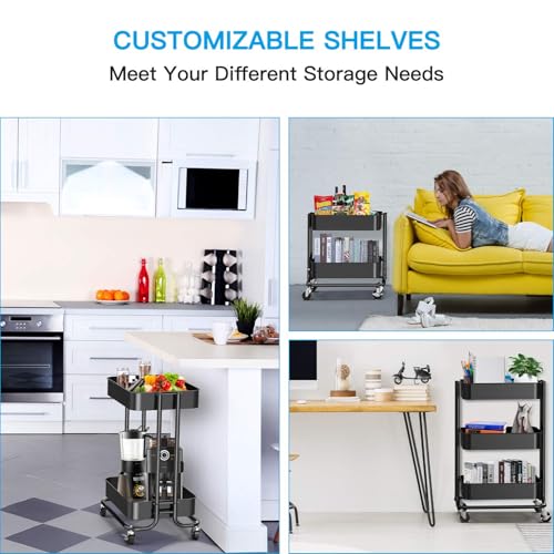 Smart Saver 3Tier Utility Rolling Cart Storage Rack with Wooden Board,Metal Vegetable Fruit Storage Cart Trolley Kitchen Organizer Rolling Desk with Locking Wheels for Kitchen,Home,Bedroom- Black - Image 5