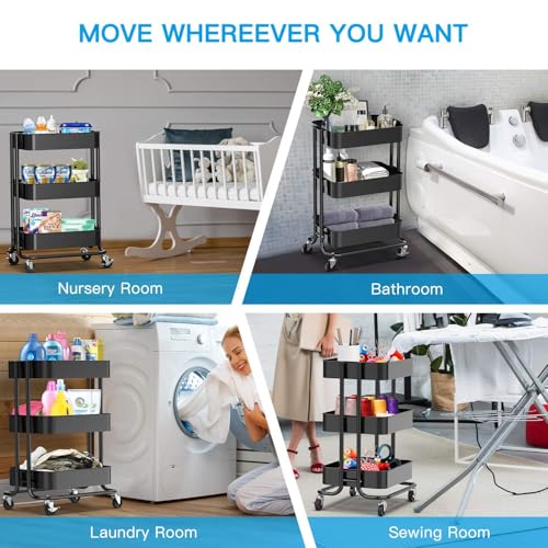 Smart Saver 3Tier Utility Rolling Cart Storage Rack with Wooden Board,Metal Vegetable Fruit Storage Cart Trolley Kitchen Organizer Rolling Desk with Locking Wheels for Kitchen,Home,Bedroom- Black - Image 4