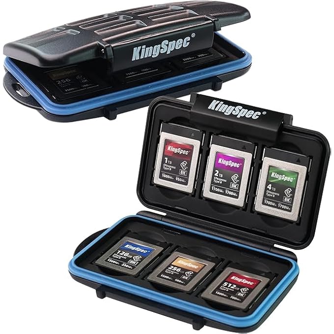 rayihni KINGSPEC MEMORY CARD CASE: WATERPROOF, WEATHERPROOF, SNAP CLOSURE, MOLDED EYELET WITH CARABINER, SHOCKPROOF, FITS 6 XQD OR CF EXPRESS TYPE B CARDS