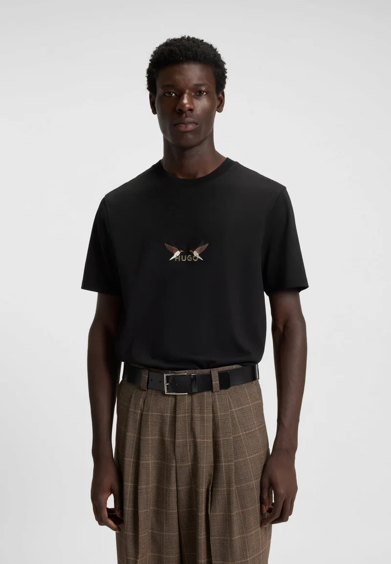 HUGO Cotton-jersey T-shirt with embroidered logo artwork