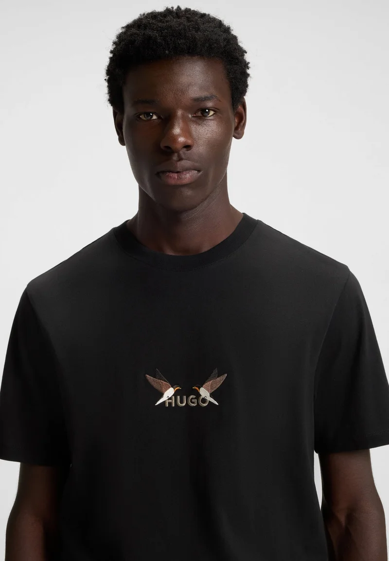 HUGO Cotton-jersey T-shirt with embroidered logo artwork