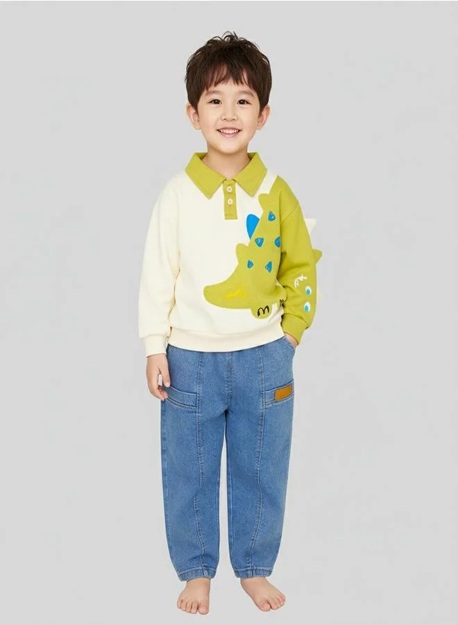 babyqlo Green Dino Printed Sweatshirt With Jeans