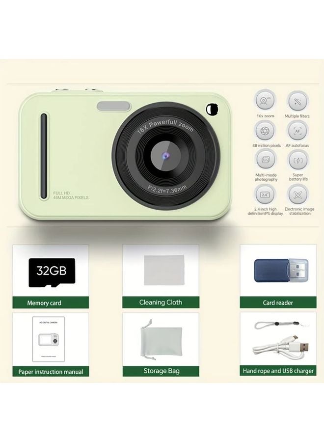كاميرا رقمية خضراء 48 ميجابيكسل بدقة 1080 بيكسل، تكبير 16x، شاشة LCD 2.4 بوصة، قابلة لإعادة الشحن، مع بطاقة ذاكرة 32 جيجابايت، هدايا التصوير للمبتدئين - Image 1