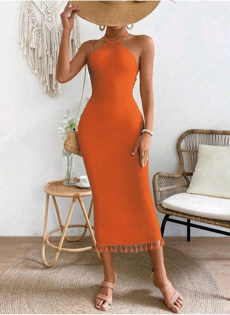 Shein - SHEIN Holidaya Solid Color Sleeveless Backless Halter Neck Dress With Back Slit Design For Summer Maxi - Image 1