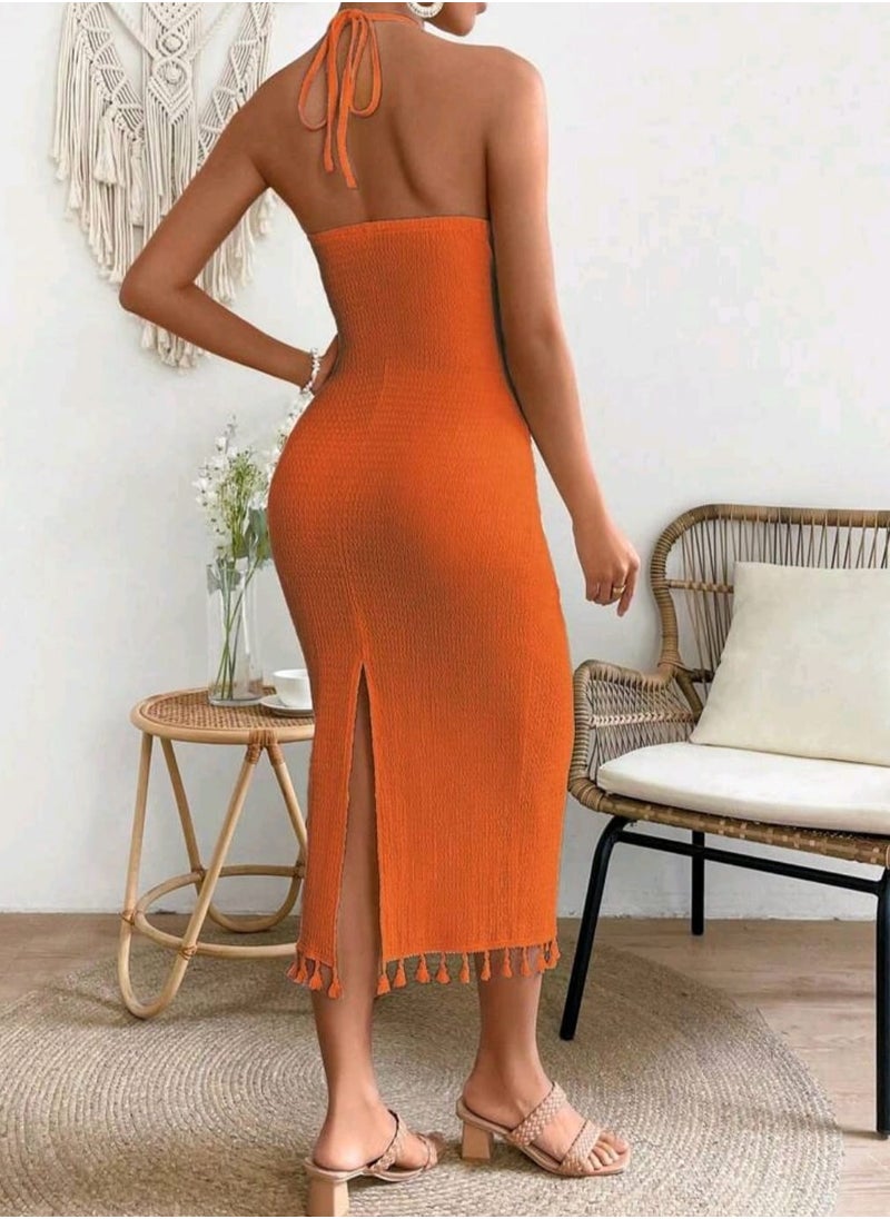Shein - SHEIN Holidaya Solid Color Sleeveless Backless Halter Neck Dress With Back Slit Design For Summer Maxi - Image 1