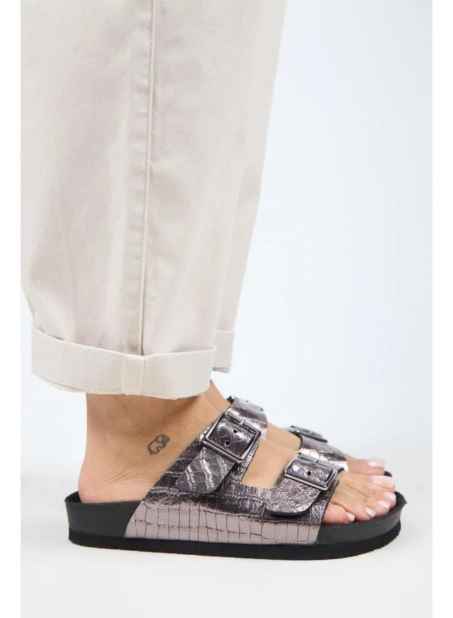 Manijero  Anjelic Croco Women's Genuine Leather Double Buckle Platinum Slippers. for Women | Best Price UAE