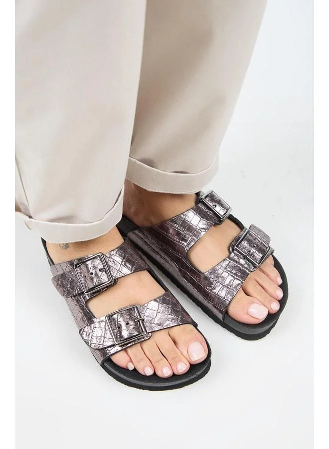Manijero  Anjelic Croco Women's Genuine Leather Double Buckle Platinum Slippers. for Women | Best Price UAE