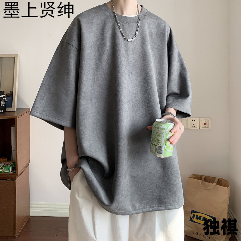 220G Deerskin Velvet Solid Color Summer Loose Half Sleeve Round Neck Short Sleeve Men'S T-Shirt Dark Gray - Image 2