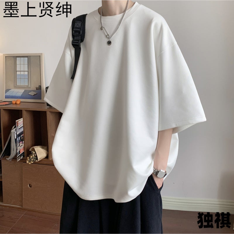 220G Deerskin Velvet Solid Color Summer Loose Half Sleeve Round Neck Short Sleeve Men'S T-Shirt Dark Gray - Image 3