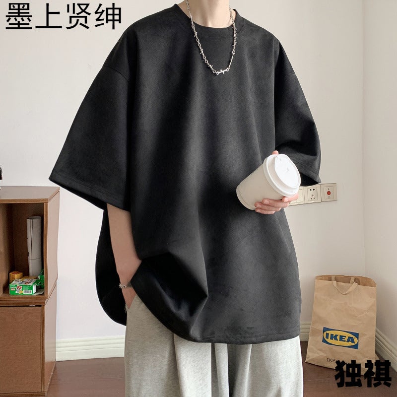 220G Deerskin Velvet Solid Color Summer Loose Half Sleeve Round Neck Short Sleeve Men'S T-Shirt Dark Gray - Image 4