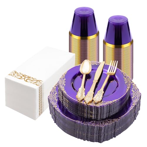 Bestluck 175PCS Clear Purple Plastic Plates for 25 Guests, Disposable Plates with Gold Trim include 25 Dinner Plates, 25 Dessert Plates, 75 Gold Silverware, 25 Cups, 25 Napkins for Party, Wedding - Image 1
