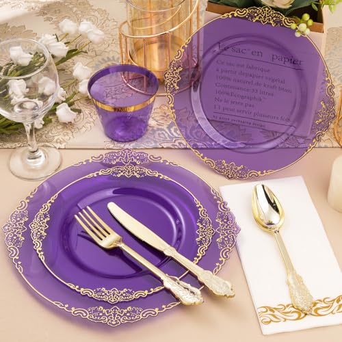 Bestluck 175PCS Clear Purple Plastic Plates for 25 Guests, Disposable Plates with Gold Trim include 25 Dinner Plates, 25 Dessert Plates, 75 Gold Silverware, 25 Cups, 25 Napkins for Party, Wedding - Image 5