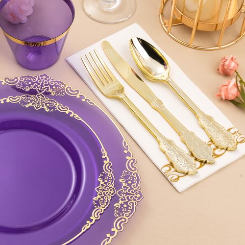 Bestluck 175PCS Clear Purple Plastic Plates for 25 Guests, Disposable Plates with Gold Trim include 25 Dinner Plates, 25 Dessert Plates, 75 Gold Silverware, 25 Cups, 25 Napkins for Party, Wedding - Image 4