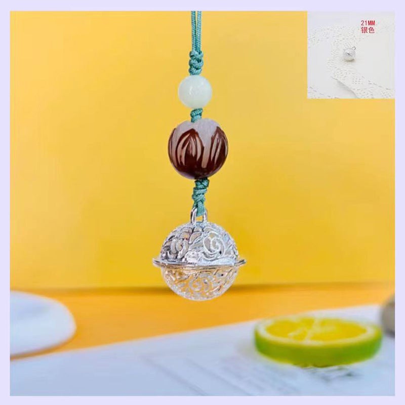 Diy Alloy Jewelry Keychain Accessories Flower Thousand Bone Palace Bell Pendant Mobile Phone Bag Charm Ancient Bell Silver (Luminous Stone accessories) 21MM Bell mobile phone hanging with Bodhi root Lotus 
