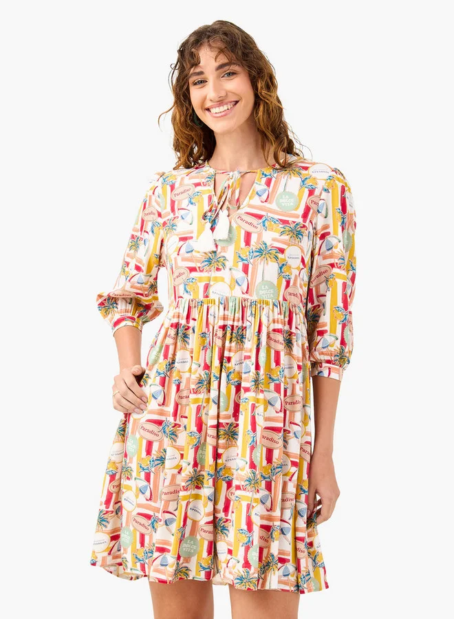Splash FAV Printed Coverup Dress with Tie-Up Neck and 3/4 Sleeves