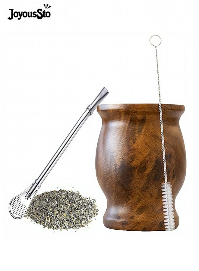 JoyousSto Yerba Mate Cup and Bombilla Kit, 8 oz Gourd Set, Double Walled 304 Stainless Steel Insulating Cup With Straw and Cleaning Brush, Easy to Clean Wood Color - Image 1