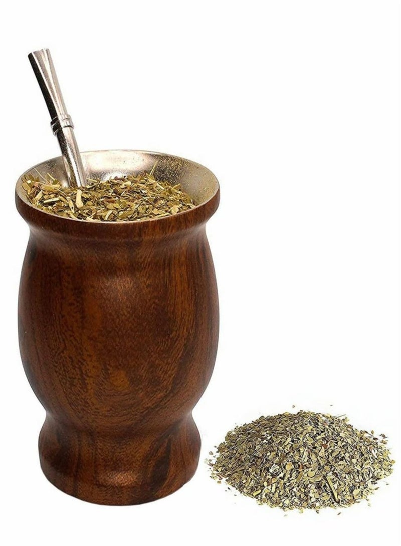 JoyousSto Yerba Mate Cup and Bombilla Kit, 8 oz Gourd Set, Double Walled 304 Stainless Steel Insulating Cup With Straw and Cleaning Brush, Easy to Clean Wood Color - Image 2