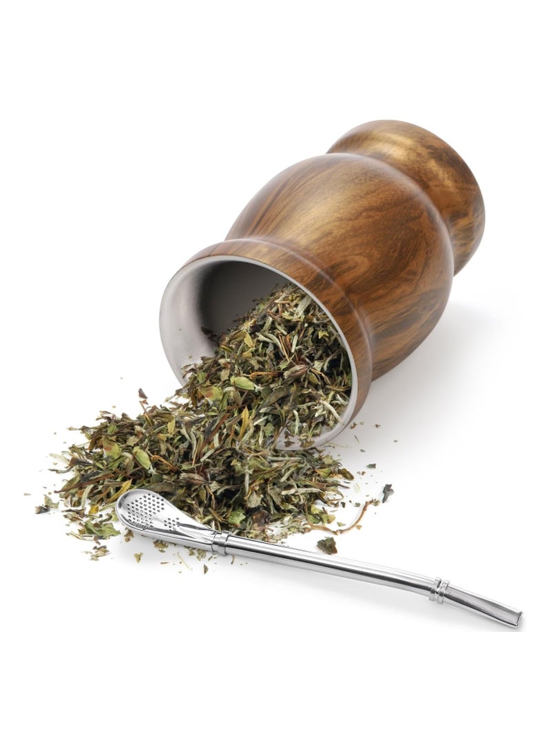 JoyousSto Yerba Mate Cup and Bombilla Kit, 8 oz Gourd Set, Double Walled 304 Stainless Steel Insulating Cup With Straw and Cleaning Brush, Easy to Clean Wood Color - Image 3