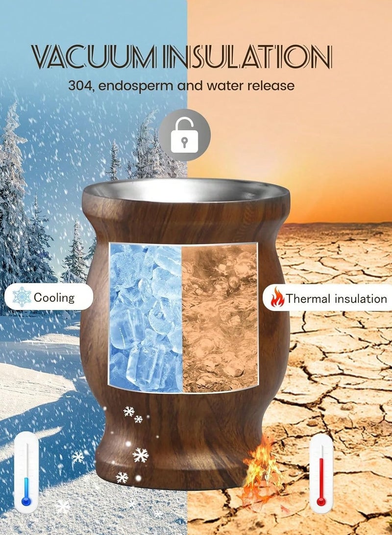 JoyousSto Yerba Mate Cup and Bombilla Kit, 8 oz Gourd Set, Double Walled 304 Stainless Steel Insulating Cup With Straw and Cleaning Brush, Easy to Clean Wood Color - Image 5