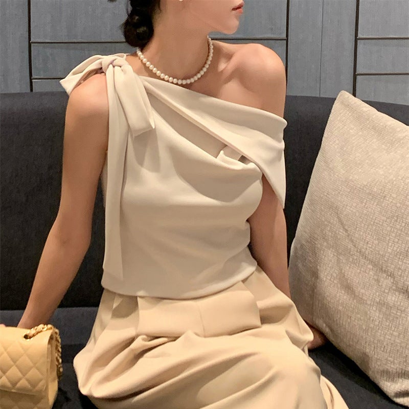 South Korea Dongdaemun Fashion New Design Sense Oblique Collar Shoulder Strap Bow All-Match Slim-Fit Sleeveless T-Shirt For Women - Image 5