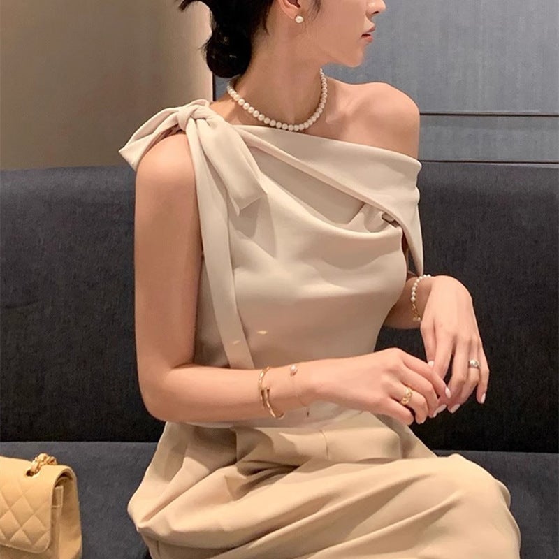 South Korea Dongdaemun Fashion New Design Sense Oblique Collar Shoulder Strap Bow All-Match Slim-Fit Sleeveless T-Shirt For Women - Image 3