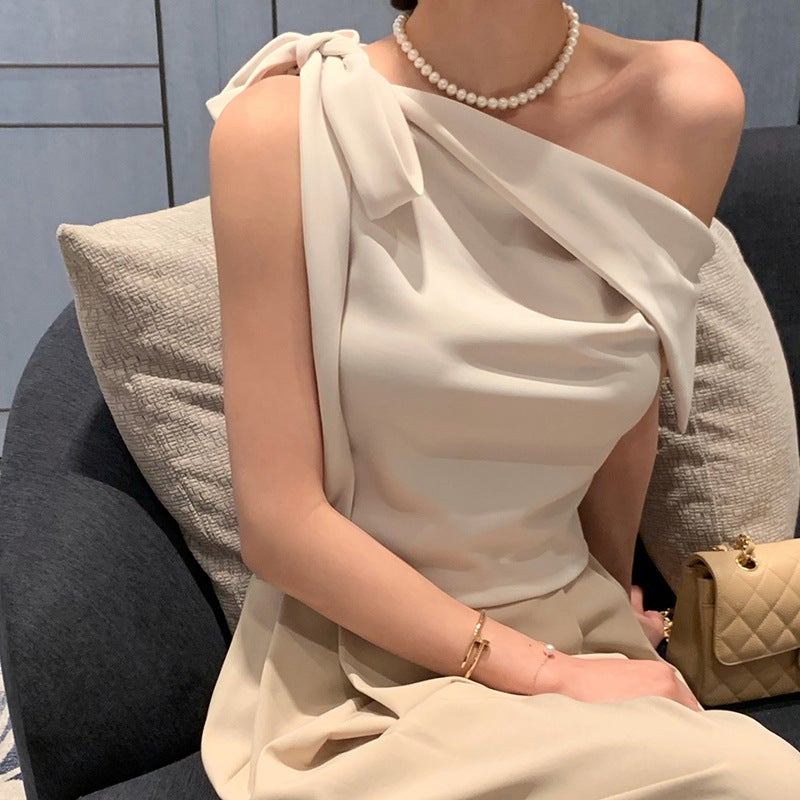 South Korea Dongdaemun Fashion New Design Sense Oblique Collar Shoulder Strap Bow All-Match Slim-Fit Sleeveless T-Shirt For Women - Image 2