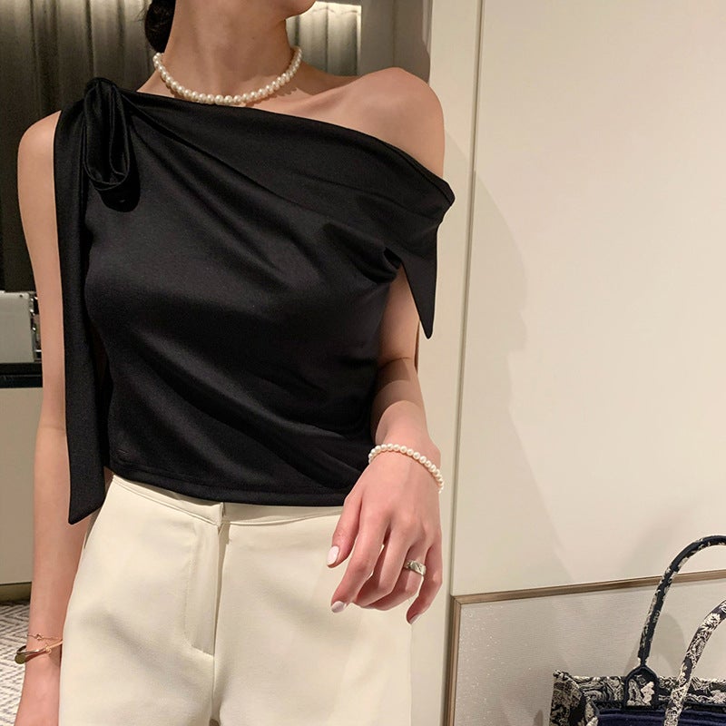 South Korea Dongdaemun Fashion New Design Sense Oblique Collar Shoulder Strap Bow All-Match Slim-Fit Sleeveless T-Shirt For Women - Image 4