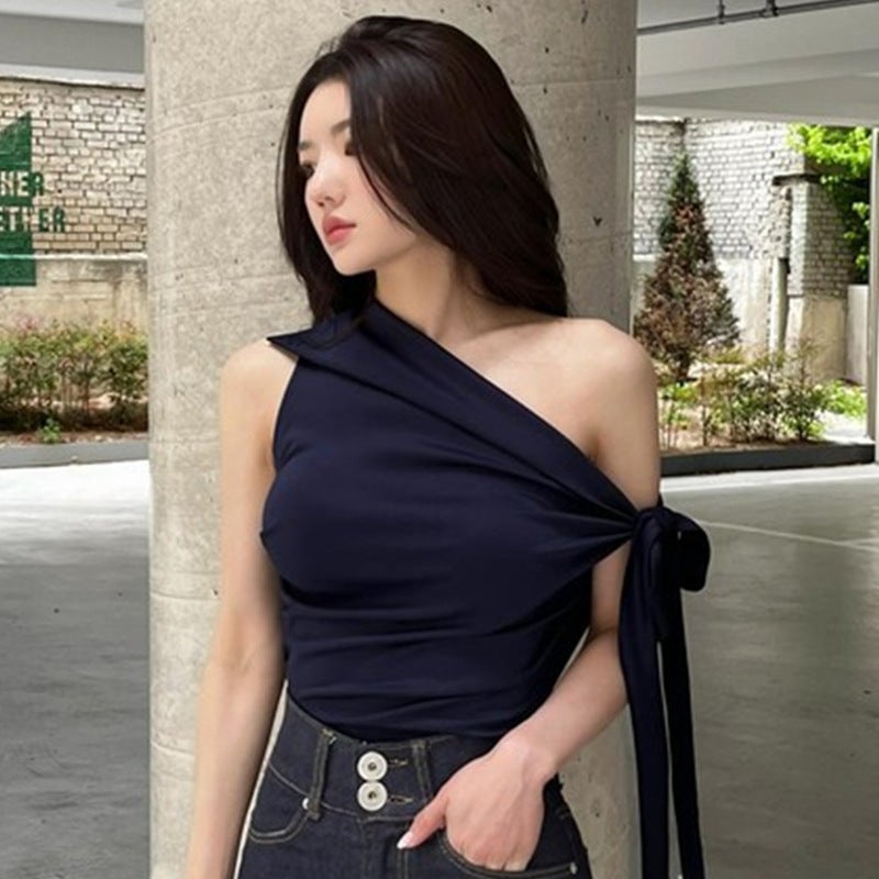 South Korea Dongdaemun Fashion New Design Sense Oblique Collar Shoulder Strap Bow All-Match Slim-Fit Sleeveless T-Shirt For Women - Image 1