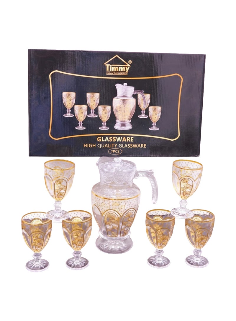 Timmy Glassware 170ml Cups with 1580ml Jug Gold Pattern Beverage Serving Set - Premium Glass Pitcher and Cup Set for Dining, Parties and Home Use - Durable and Elegant Serving Glassware Set