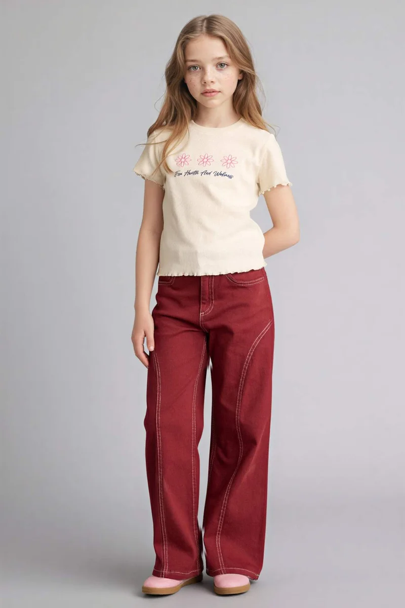 DeFacto Girl Slim Fit Crew Neck Slogan Patterned Ribbed T-Shirt