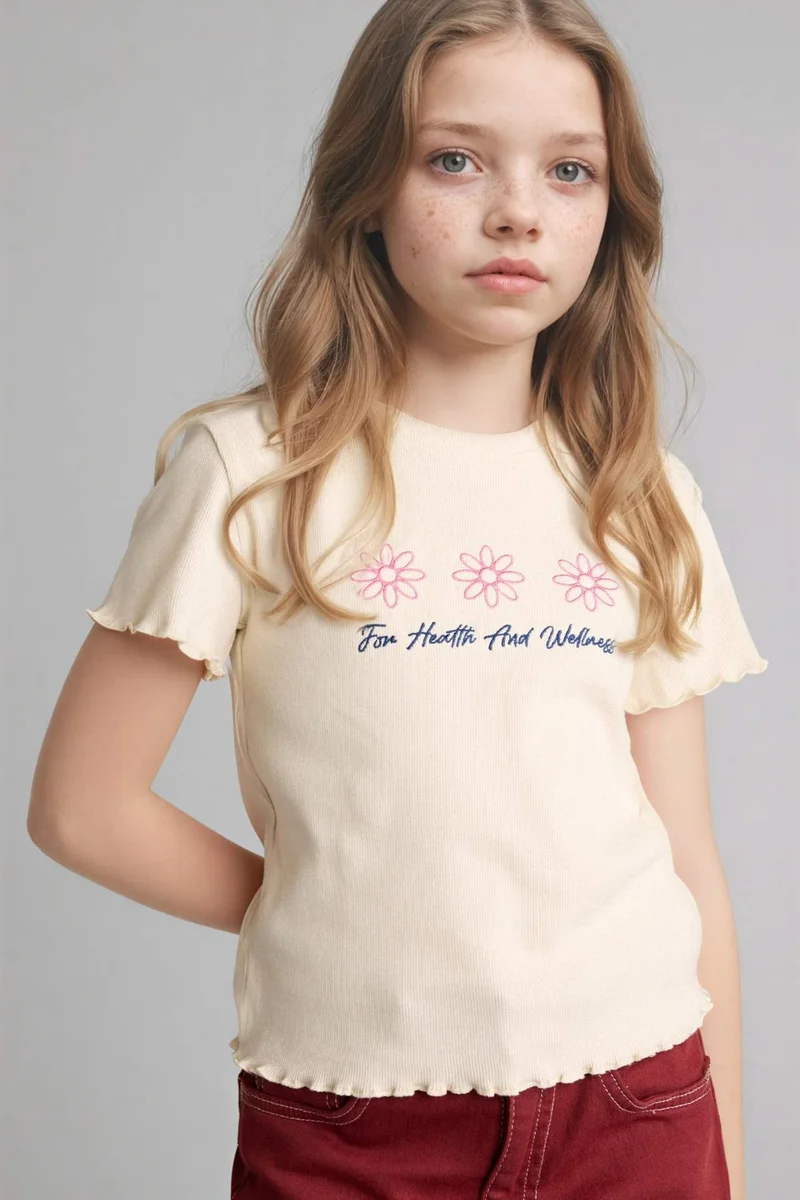 DeFacto Girl Slim Fit Crew Neck Slogan Patterned Ribbed T-Shirt