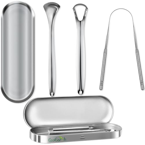 EcoEarth Tongue Scraper for Adults 3 Pcs Metal Tongue Cleaner with Storage Case Tough Stainless Steel Mouth Scrubber for Fresh Breath Oral Hygiene by EcoEarth