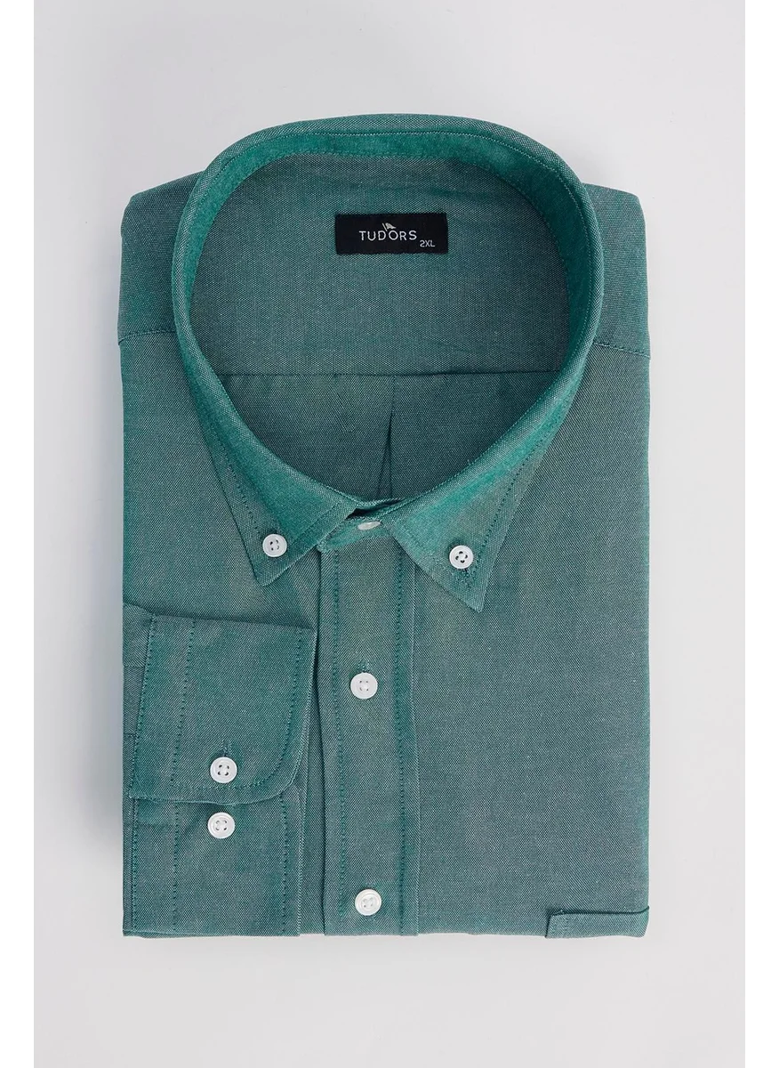 Tudors Men's Big Size Embroidered Oxford Texture Pocket Green Collar Button-Down Shirt