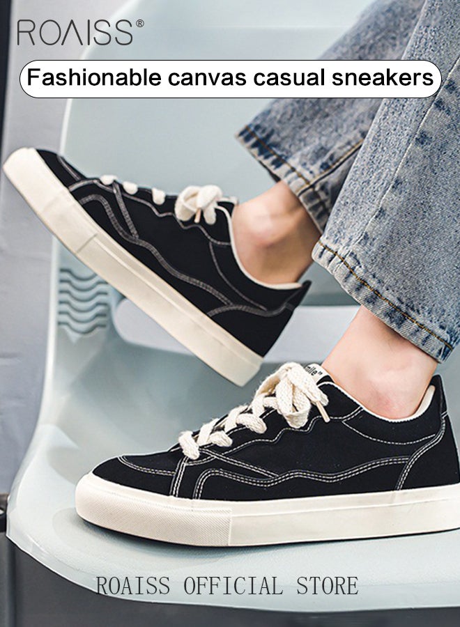 رويس رجالي أحذية قماشية كلاسيكية أمام الحذاء على شكل دائري دانتيل مريح أحذية مسطحة خفة الوزن متنفس متين غير قابل للانزلاق كاجوال أحذية رياضية منخفضة متعددة الاستخدامات للمدرسة والارتداء اليومي أسود - Image 1