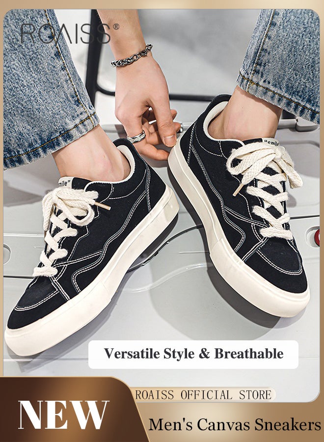 رويس رجالي أحذية قماشية كلاسيكية أمام الحذاء على شكل دائري دانتيل مريح أحذية مسطحة خفة الوزن متنفس متين غير قابل للانزلاق كاجوال أحذية رياضية منخفضة متعددة الاستخدامات للمدرسة والارتداء اليومي أسود - Image 2