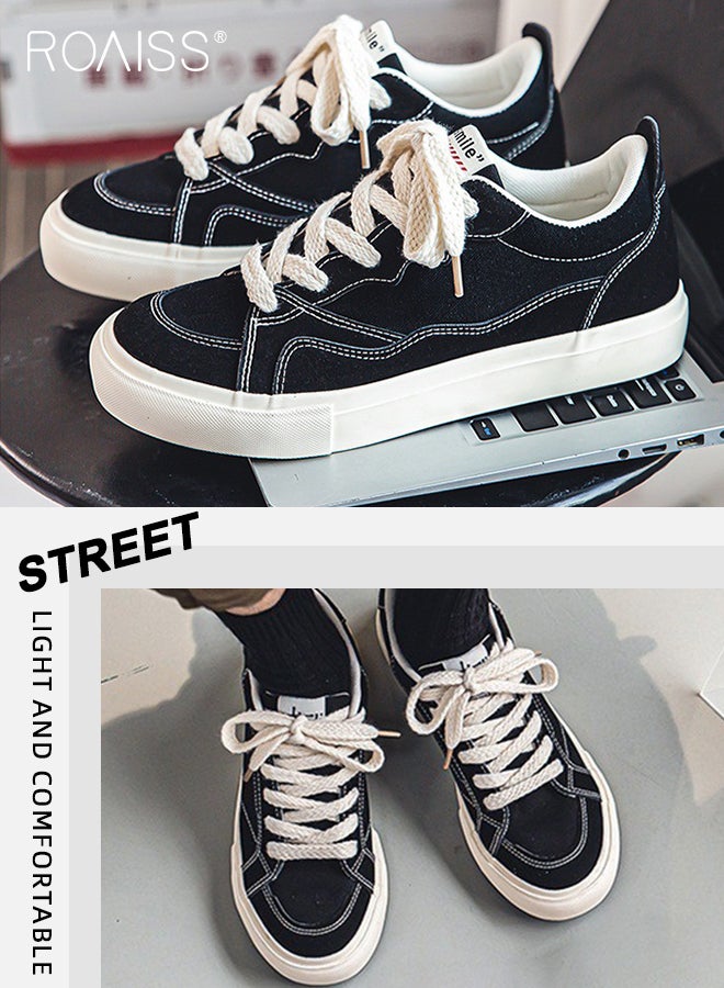 رويس رجالي أحذية قماشية كلاسيكية أمام الحذاء على شكل دائري دانتيل مريح أحذية مسطحة خفة الوزن متنفس متين غير قابل للانزلاق كاجوال أحذية رياضية منخفضة متعددة الاستخدامات للمدرسة والارتداء اليومي أسود - Image 5