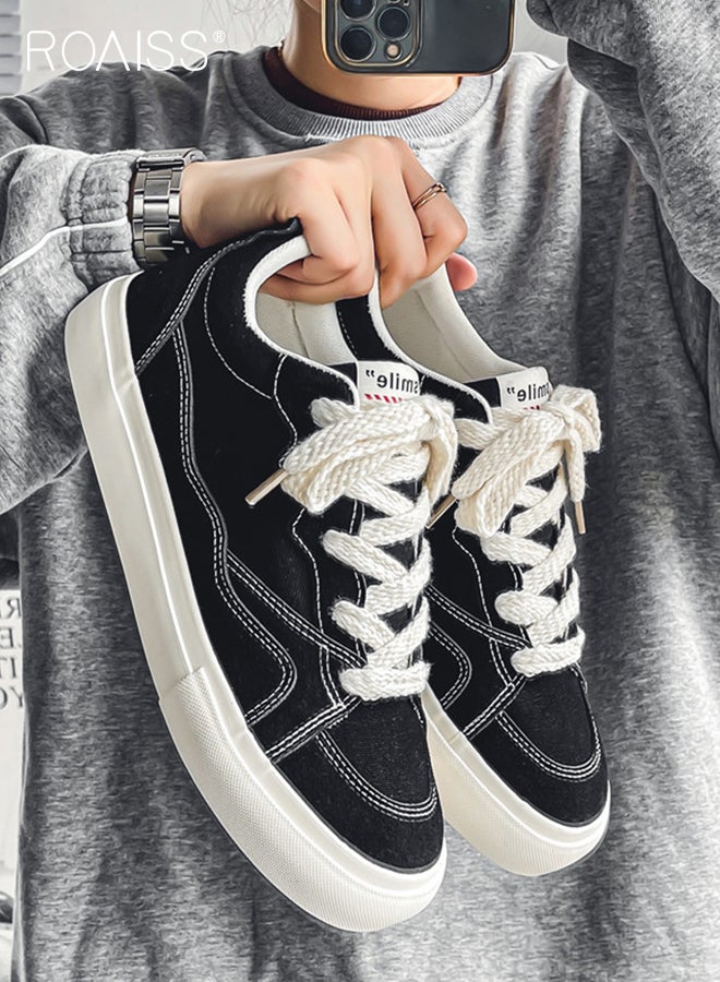 رويس رجالي أحذية قماشية كلاسيكية أمام الحذاء على شكل دائري دانتيل مريح أحذية مسطحة خفة الوزن متنفس متين غير قابل للانزلاق كاجوال أحذية رياضية منخفضة متعددة الاستخدامات للمدرسة والارتداء اليومي أسود - Image 4